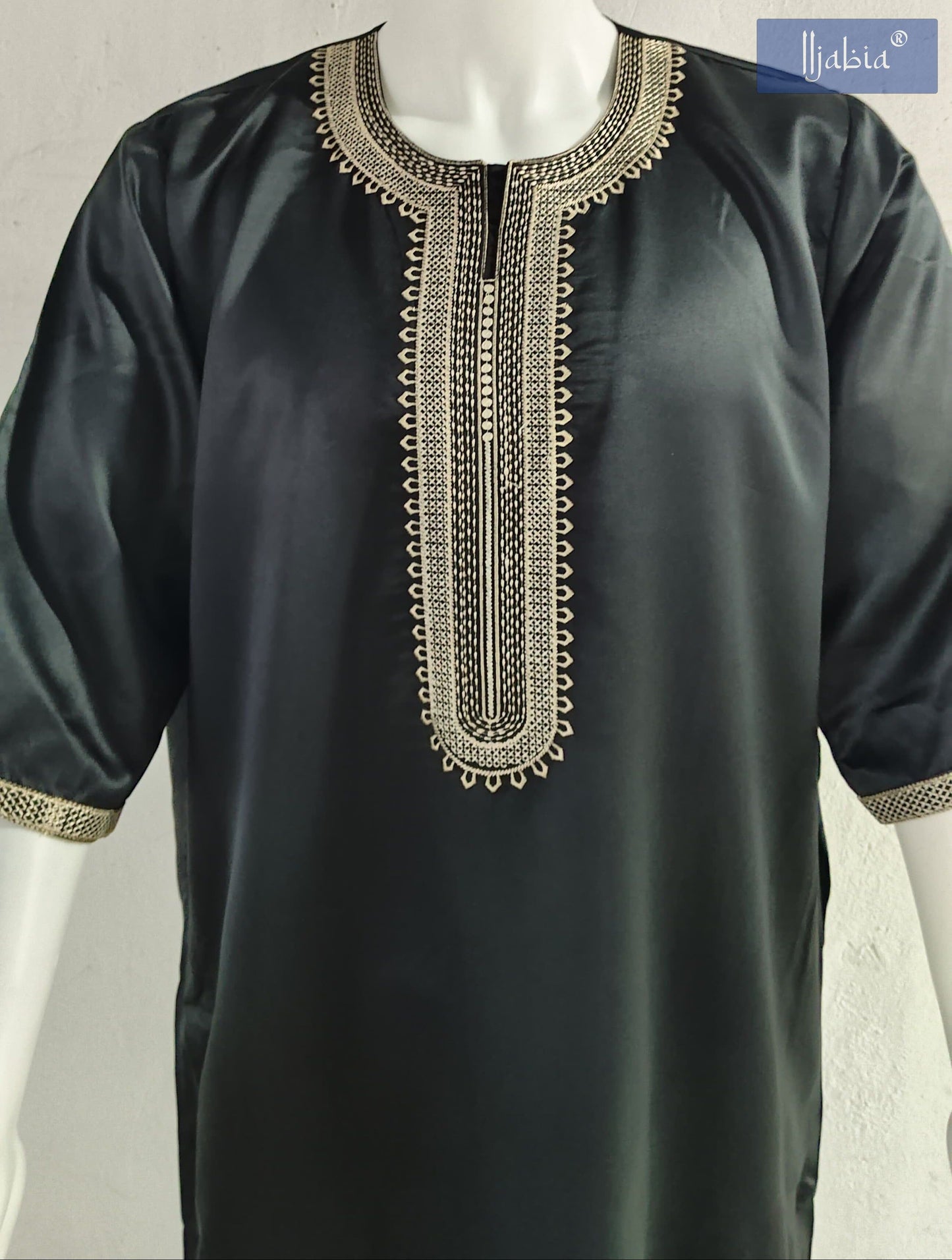 Indian Shiny Fabric Morocco Thobe - 3/4 Sleeves - Best - Black