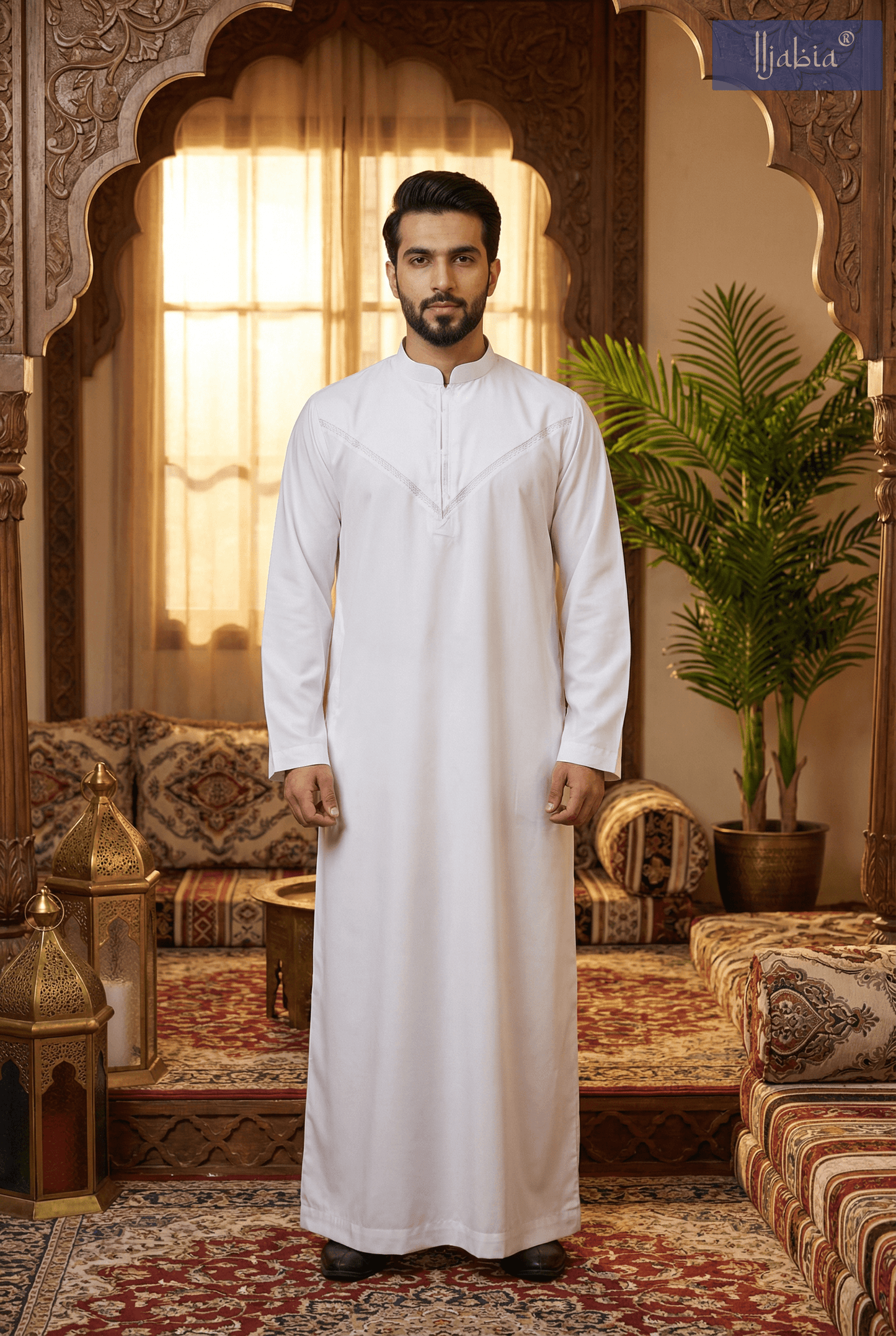 Mens Collar Omani Thobe - Full Sleeves - White