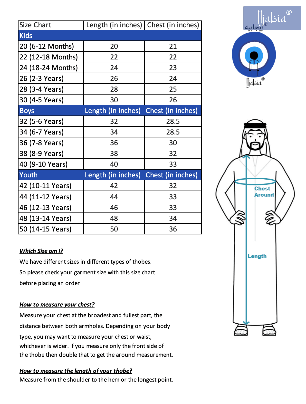Different thobe size measure