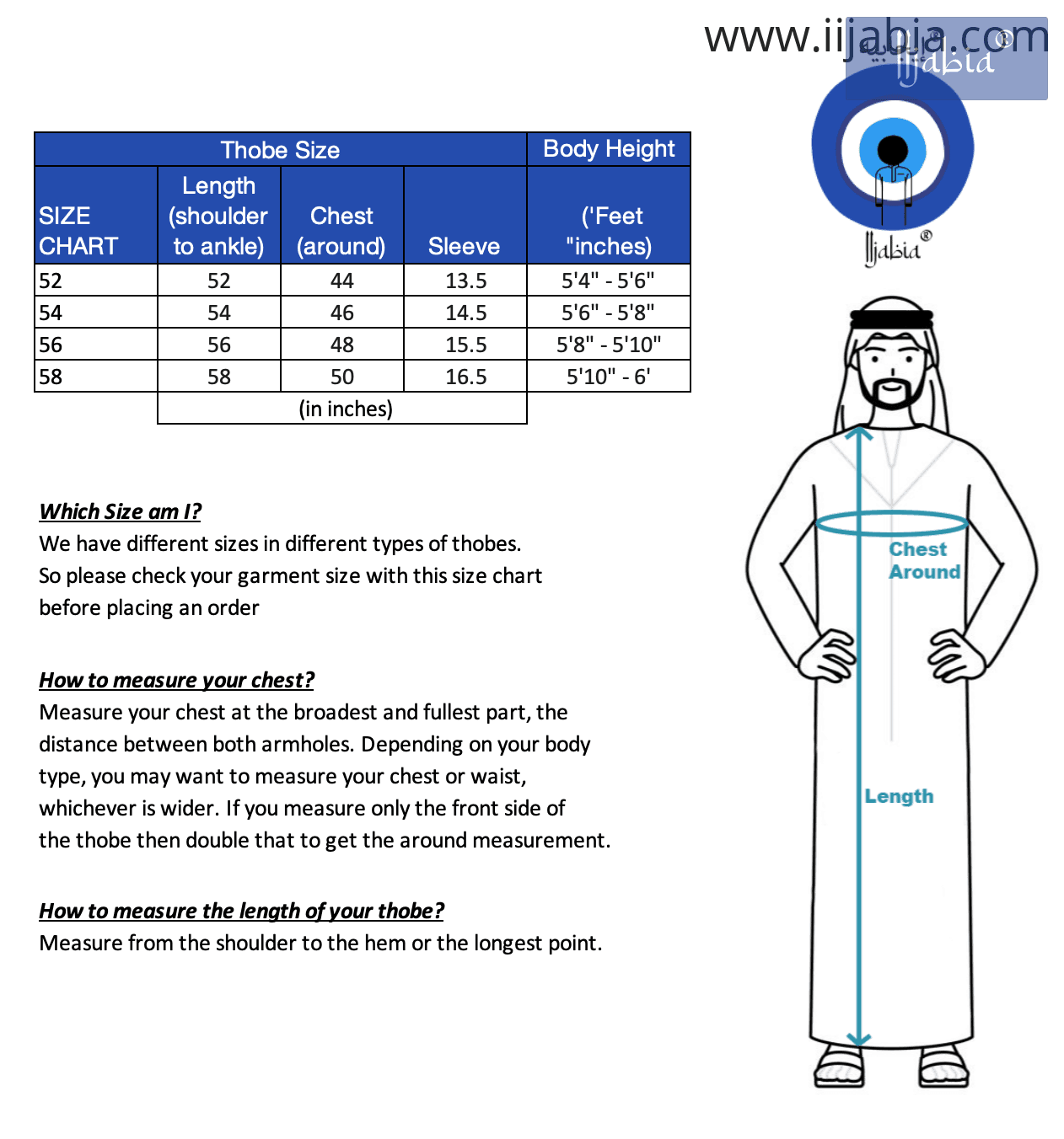 Different thobe size measure
