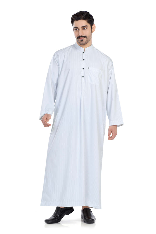 Saudi Collar Mens Thobe - Full Sleeves Thin Stripes - PST - Blue (International Saudi Size)