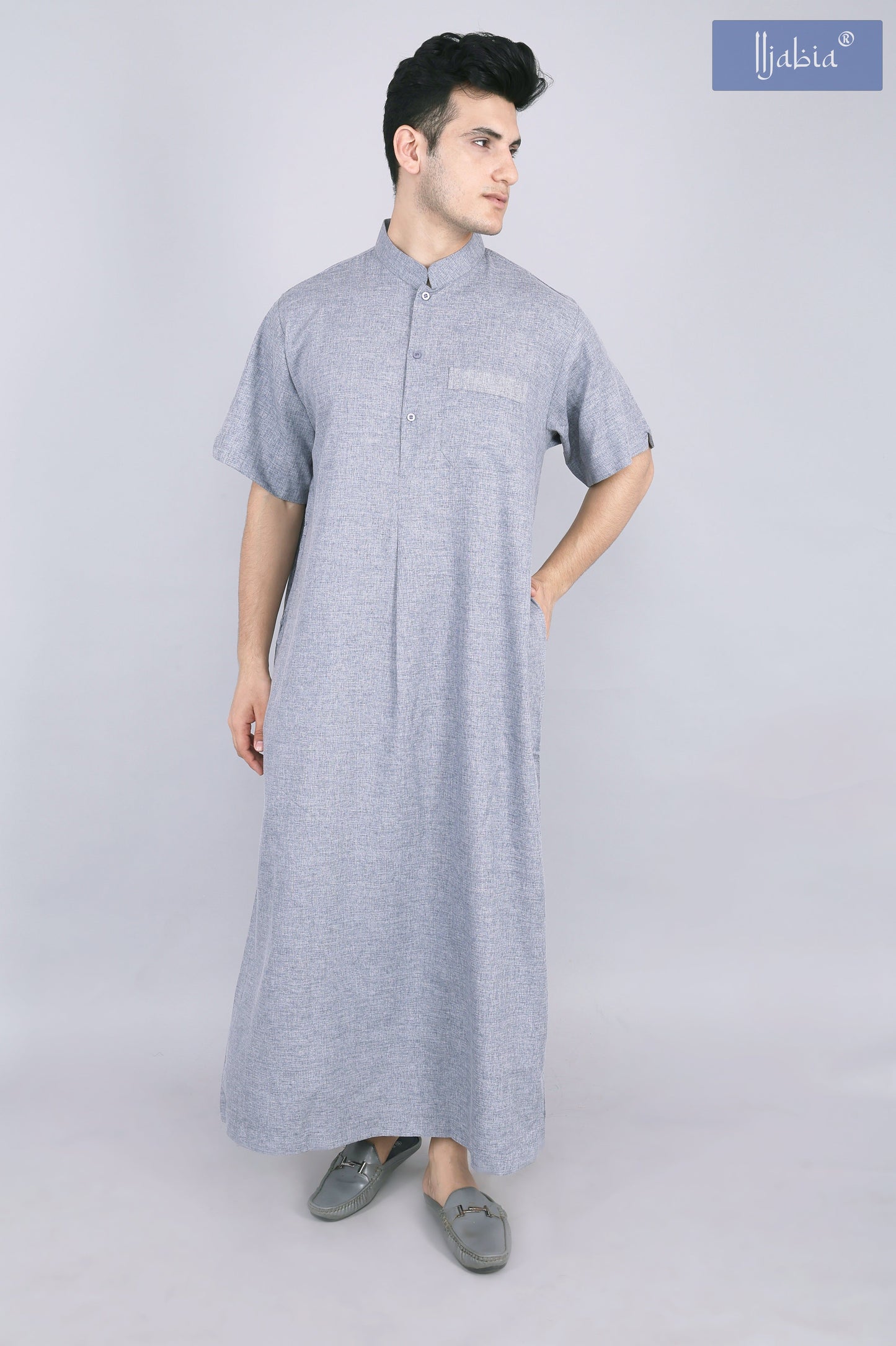 Kuwaiti Collar Mens Thobe - Half Sleeves - Bluish Grey