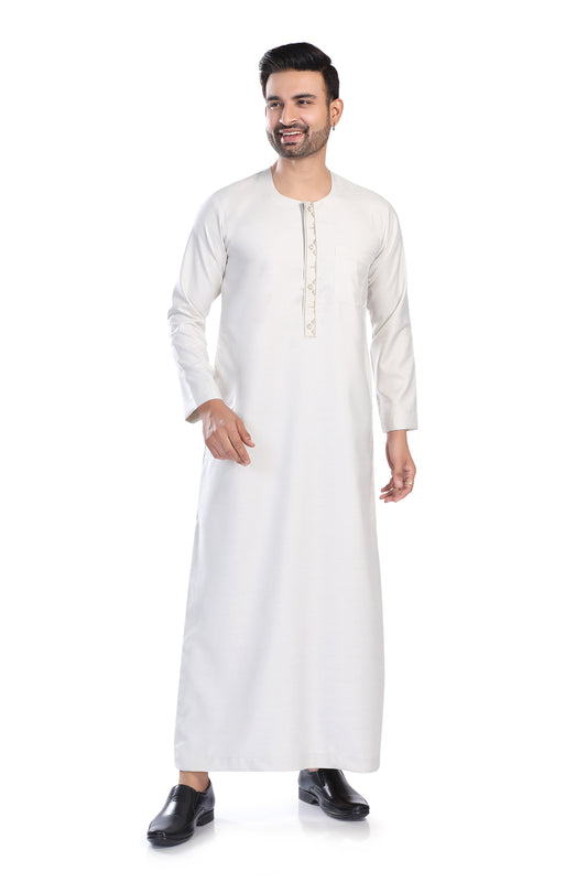 Mens Placket Jamil Embroidery Thobe - Full Sleeves - Off White