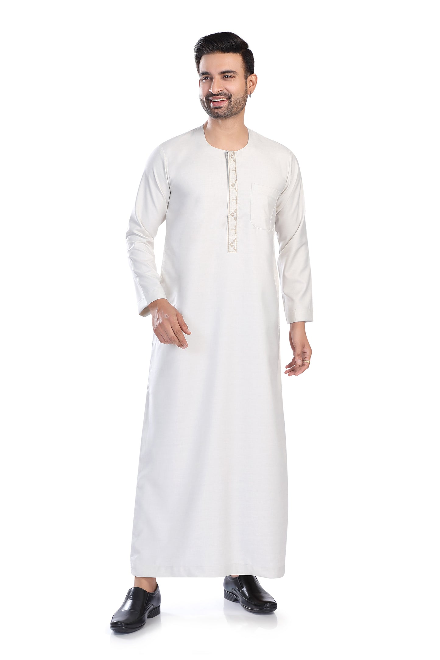 Mens Placket Jamil Embroidery Thobe - Full Sleeves - Off White