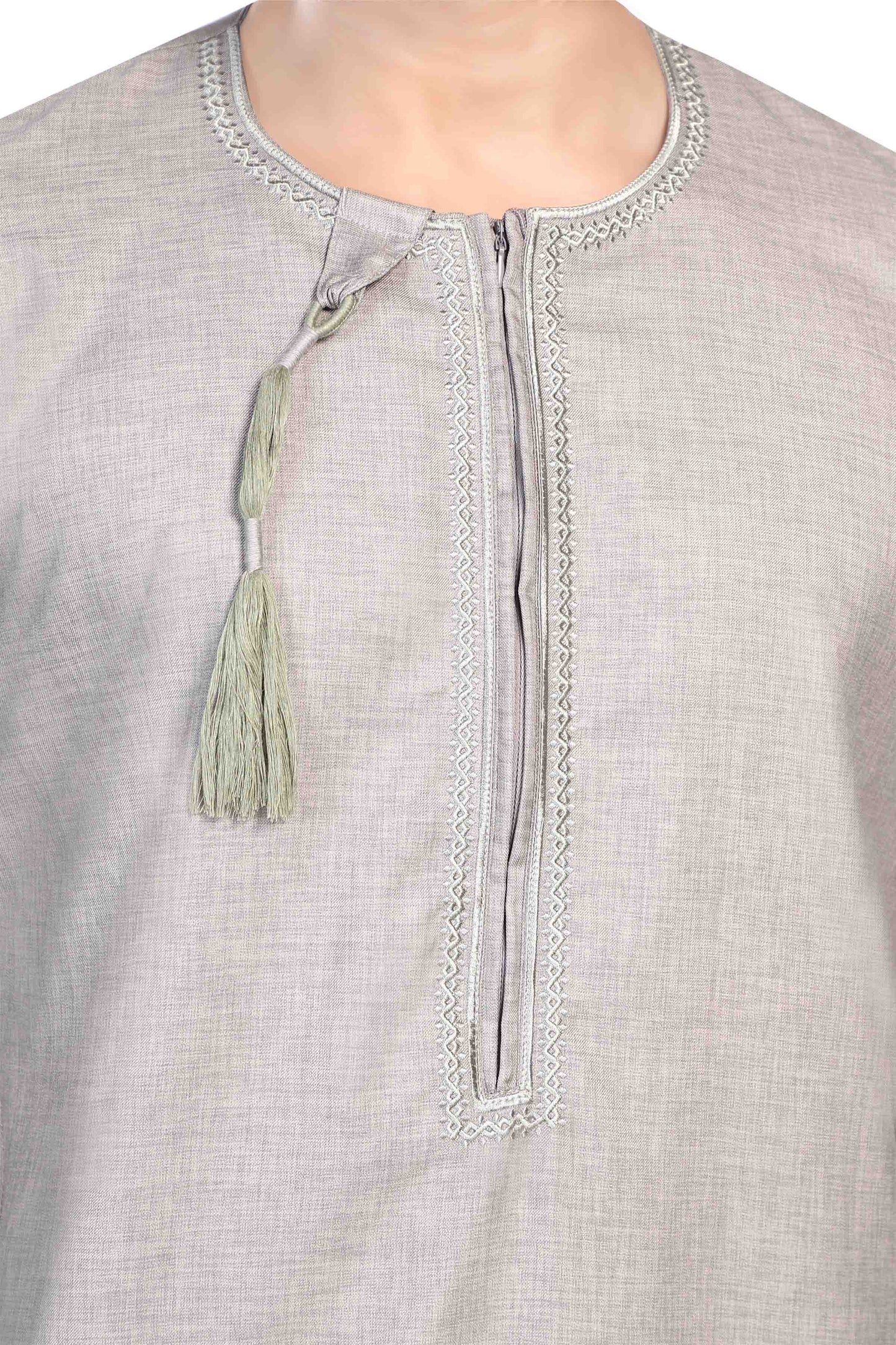 Mens Embroidery Thobe - Full Sleeves - Taj- Light Grey
