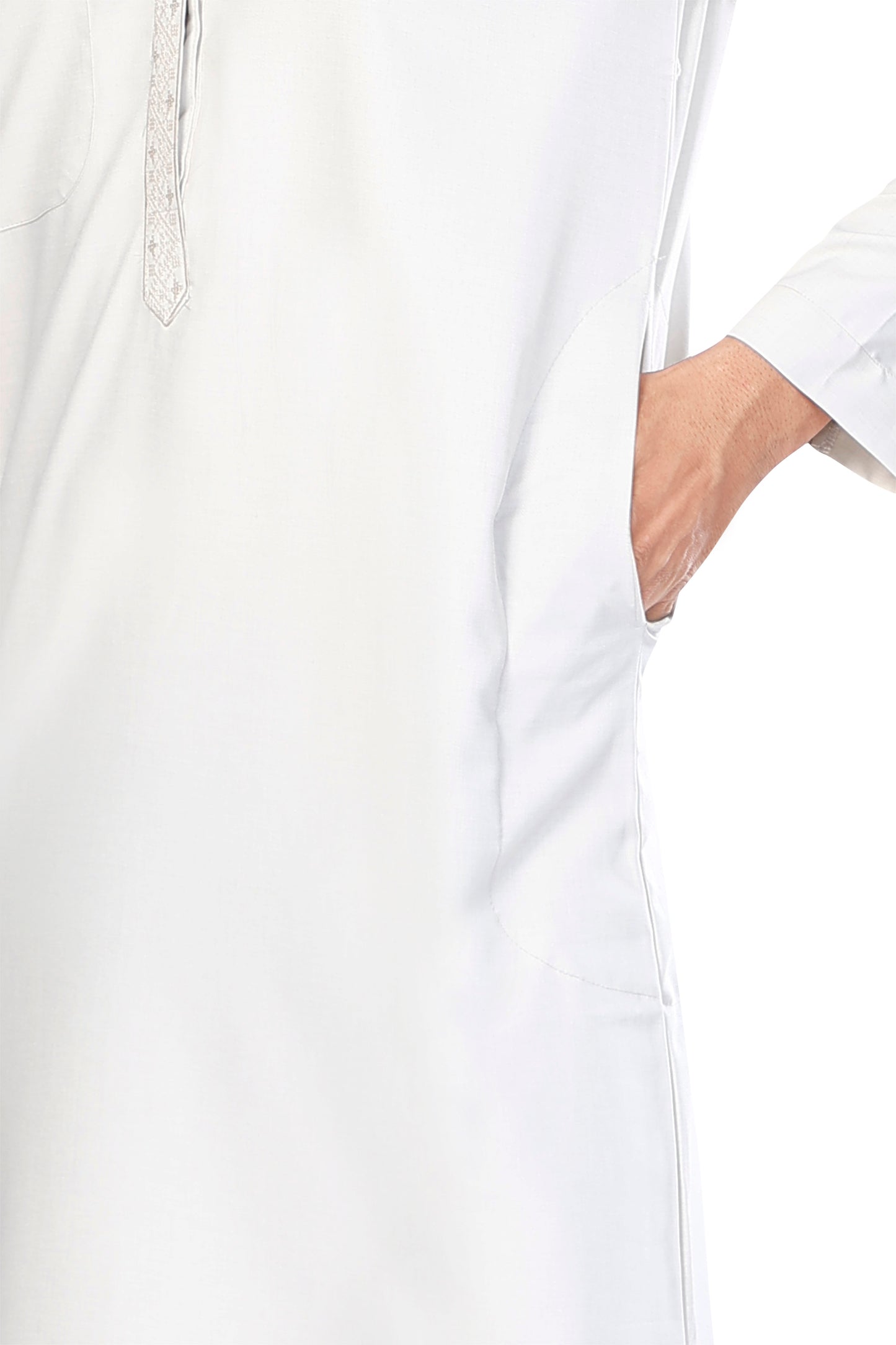 Mens Placket Aniq Embroidery Thobe - Full Sleeves - Off White