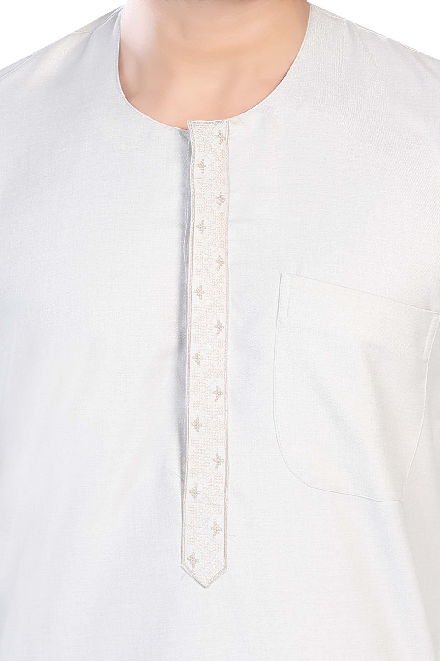 Mens Placket Aniq Embroidery Thobe - Full Sleeves - Off White