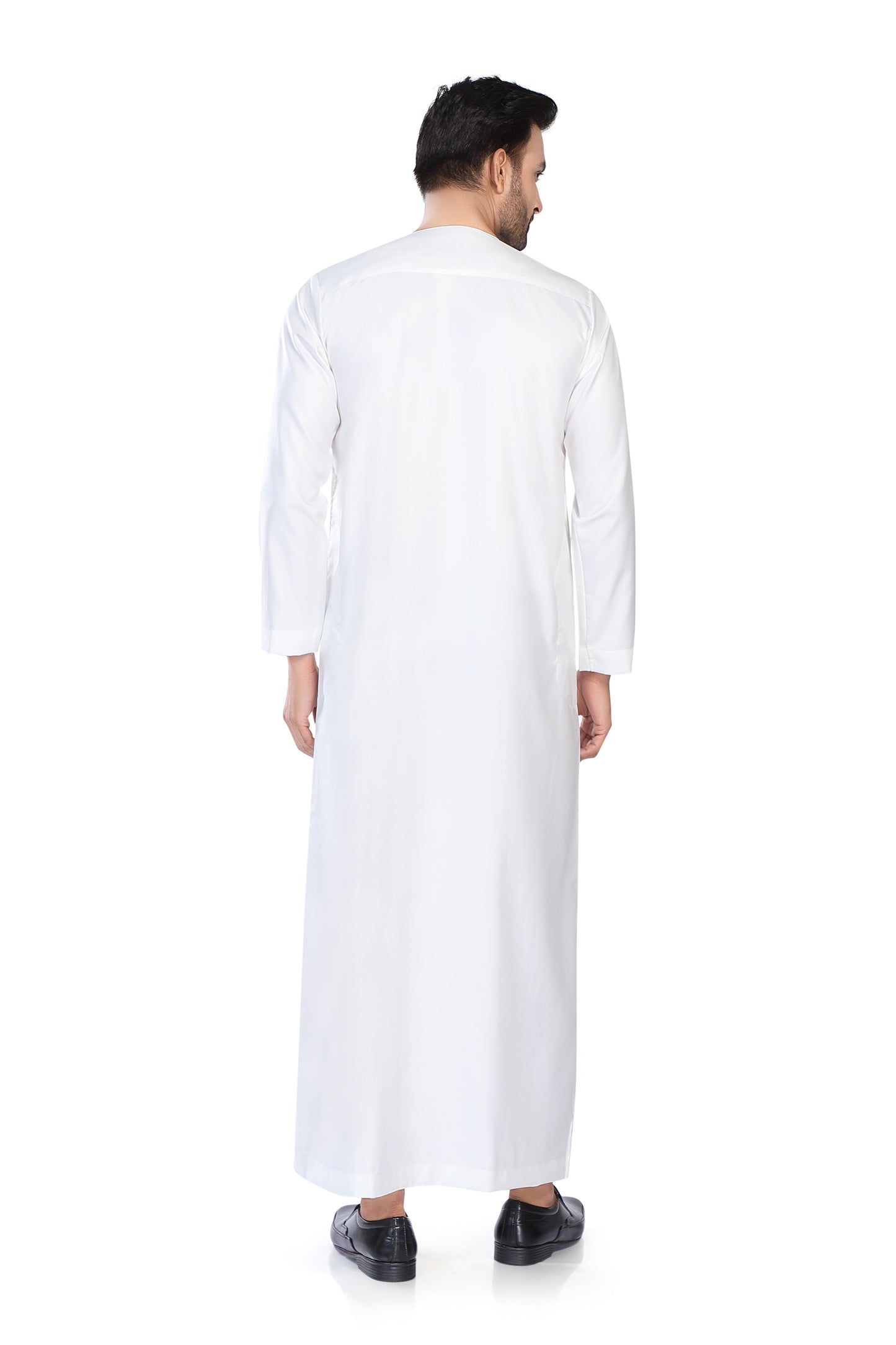 Mens Placket Aniq Embroidery Thobe - Full Sleeves - White