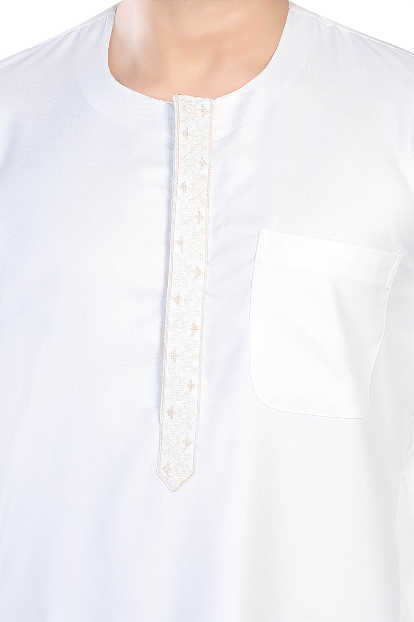 Mens Placket Aniq Embroidery Thobe - Full Sleeves - White