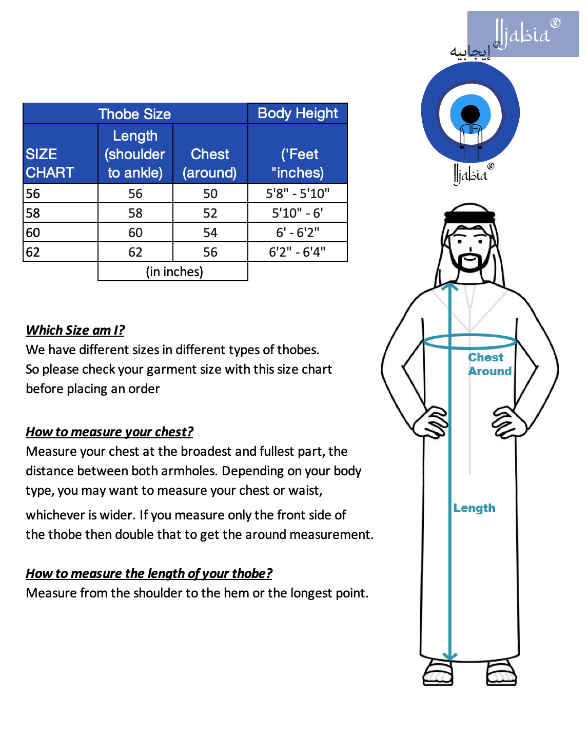 Different thobe size measure
