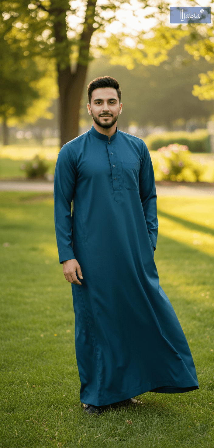 Saudi Collar Thobe - Premium TR Fabric - Peacock Blue