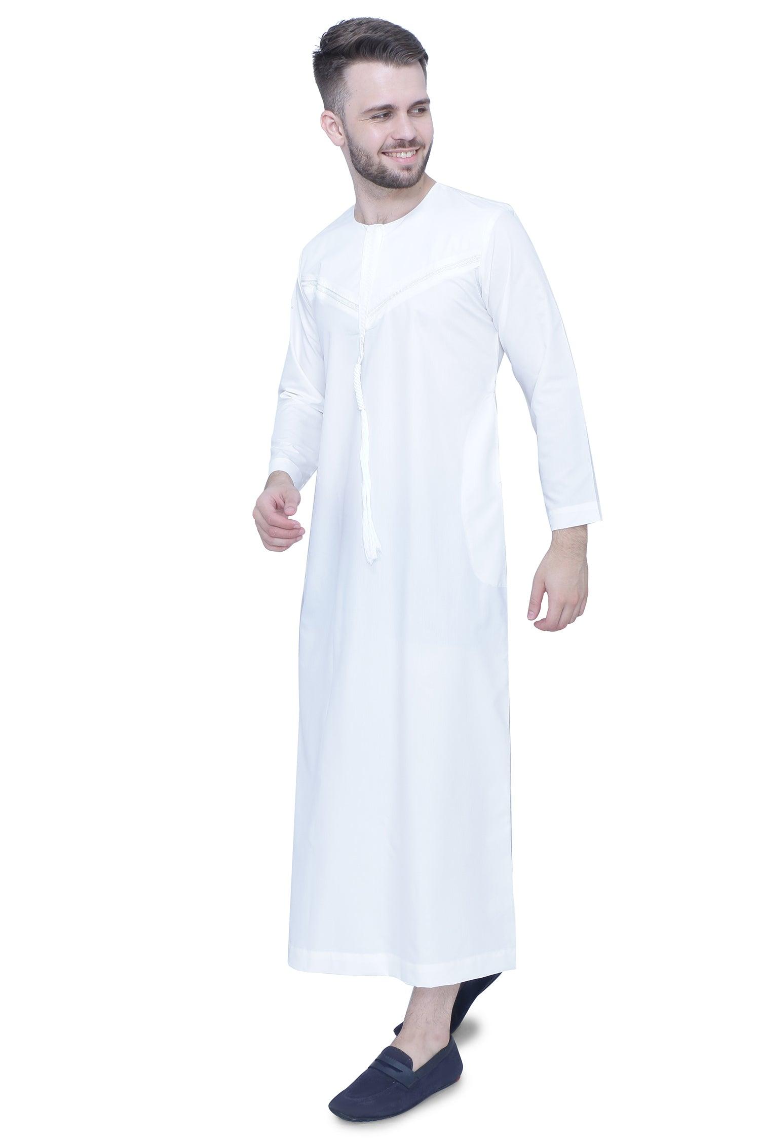 Emirati Mens Omani Thobe - Full Sleeves - White - IIJABIA