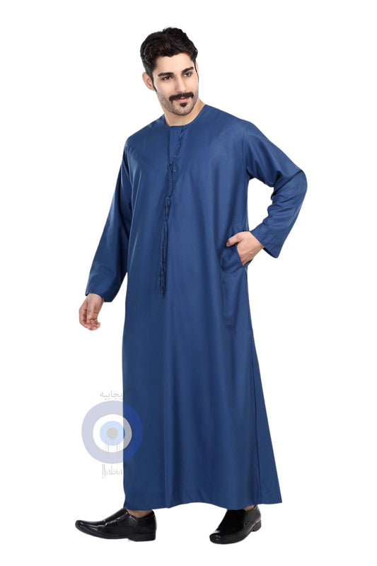 Heavy Fabric Emirati Mens Omani Thobe - Full Sleeves - Navy Blue (International Saudi Size) - IIJABIA