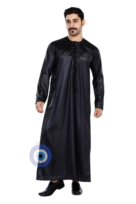 Imported Vietnam Fabric Emirati Mens Omani Thobe - Full Sleeves - Black - IIJABIA