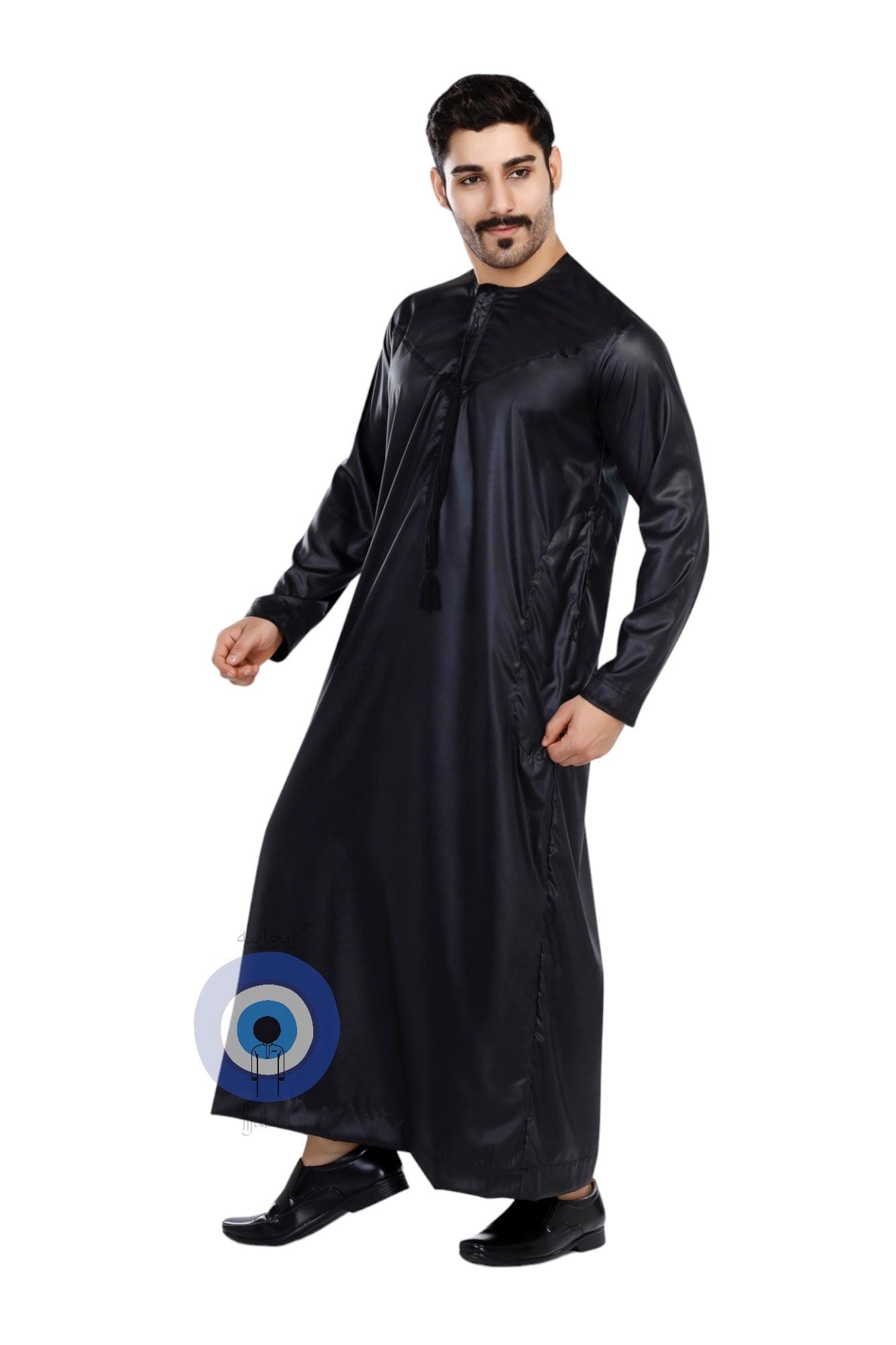 Imported Vietnam Fabric Emirati Mens Omani Thobe - Full Sleeves - Black - IIJABIA