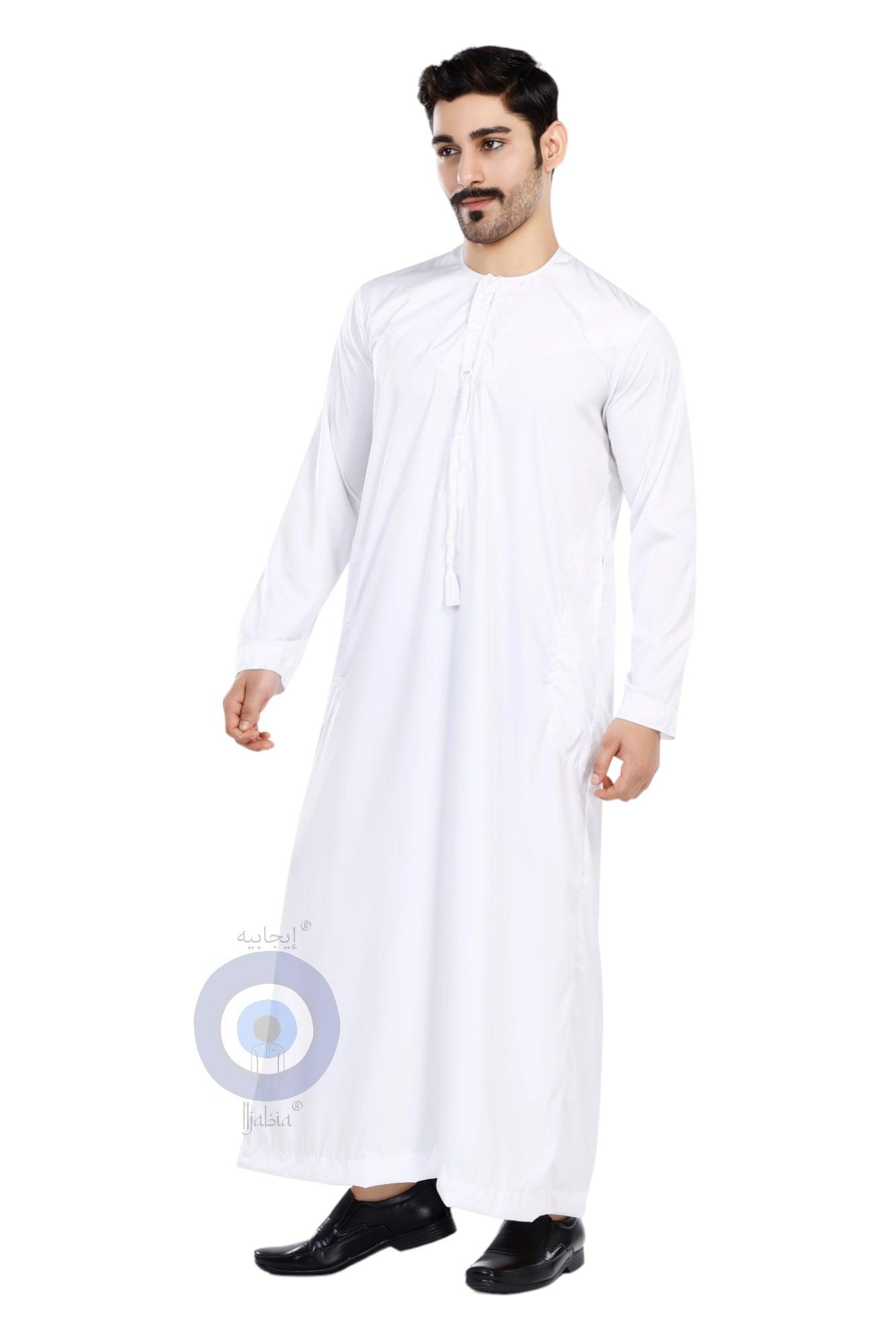 Imported Vietnam Fabric Emirati Mens Omani Thobe - Full Sleeves - White - IIJABIA