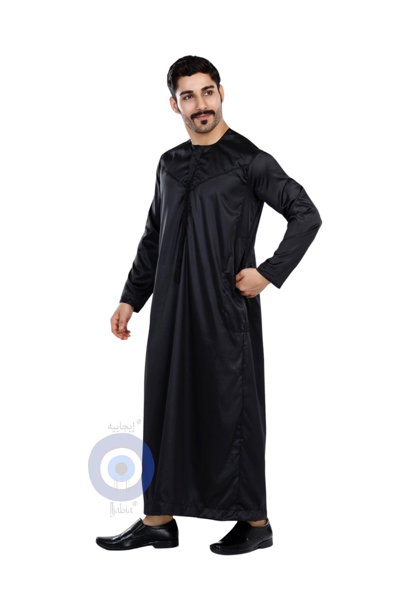 Indian Shiny Fabric Emirati Mens Omani Thobe - Full Sleeves - Black - IIJABIA