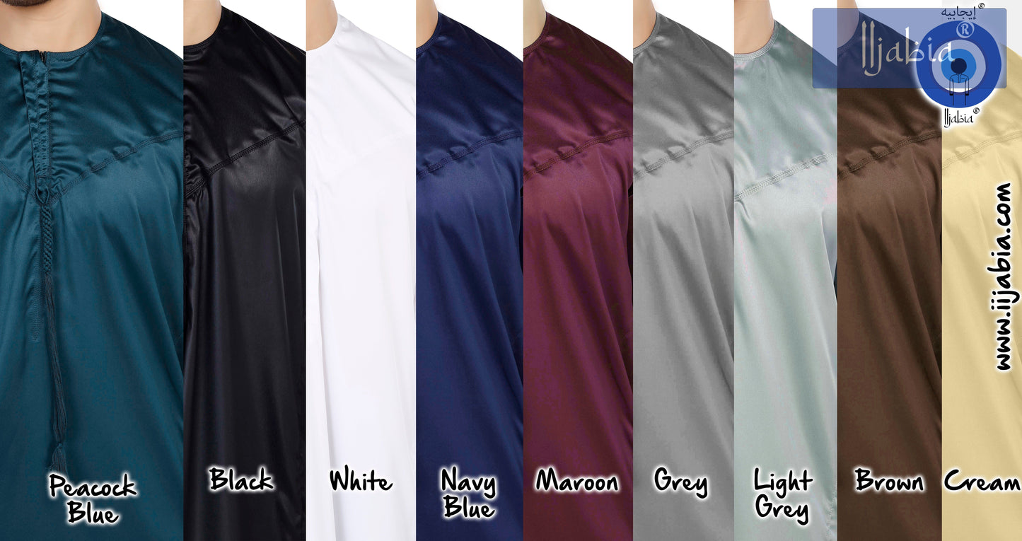 Indian Shiny Fabric Emirati Mens Omani Thobe - Full Sleeves - Cream - IIJABIA