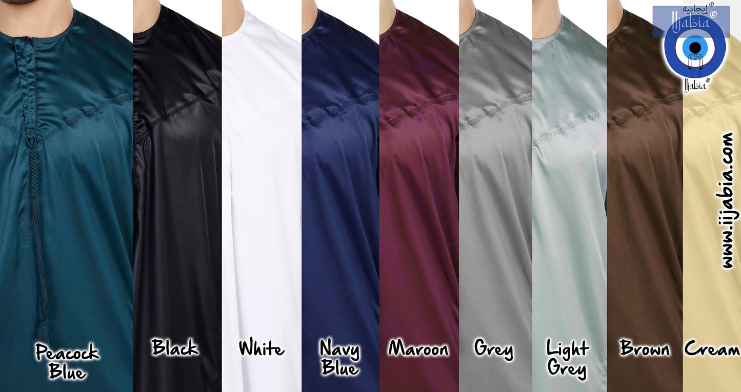 Indian Shiny Fabric Emirati Mens Omani Thobe - Full Sleeves - Cream - IIJABIA