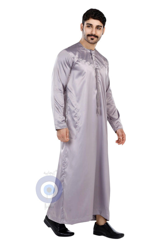 Indian Shiny Fabric Emirati Mens Omani Thobe - Full Sleeves - Gray - IIJABIA