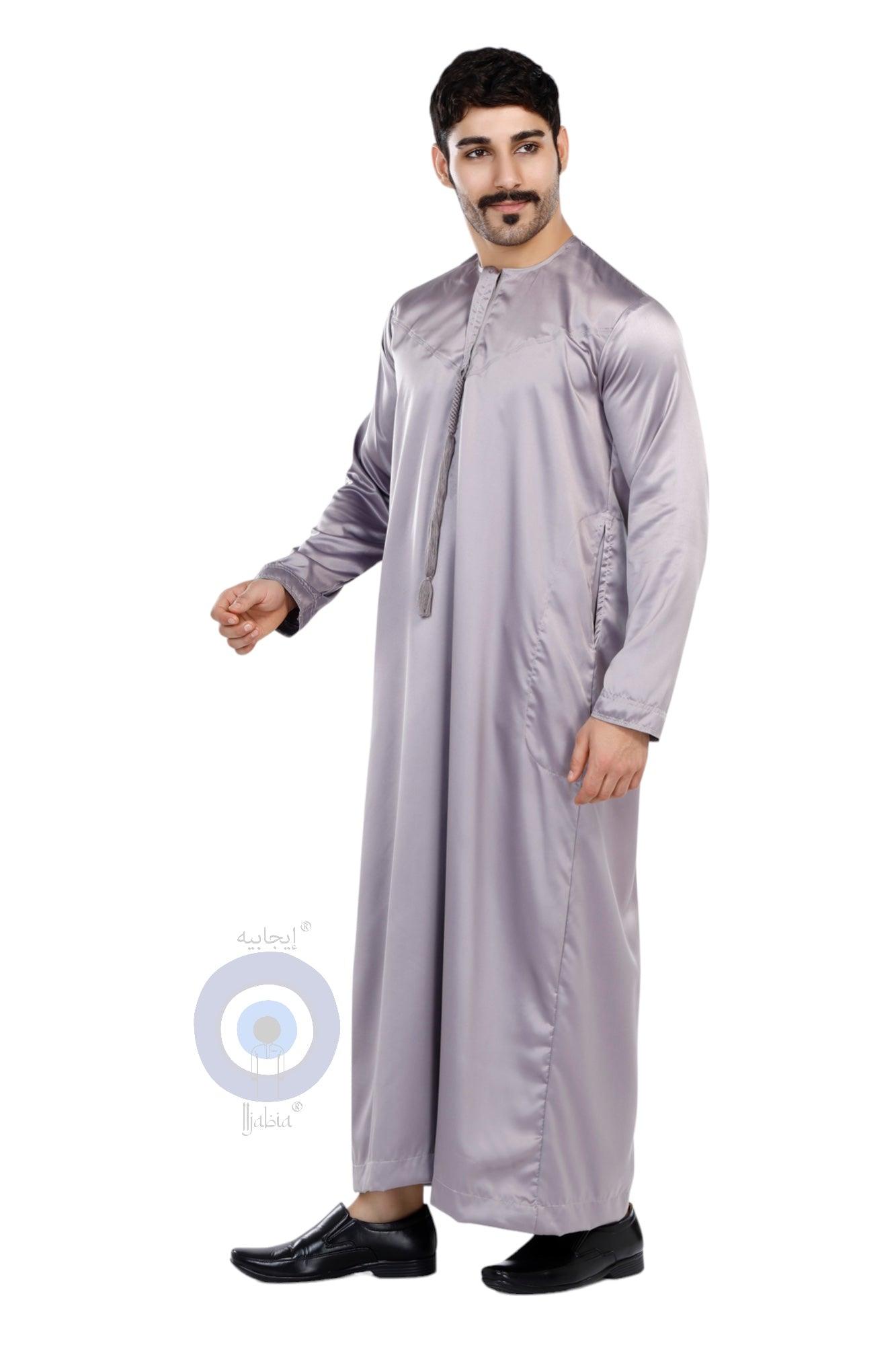 Indian Shiny Fabric Emirati Mens Omani Thobe - Full Sleeves - Gray - IIJABIA