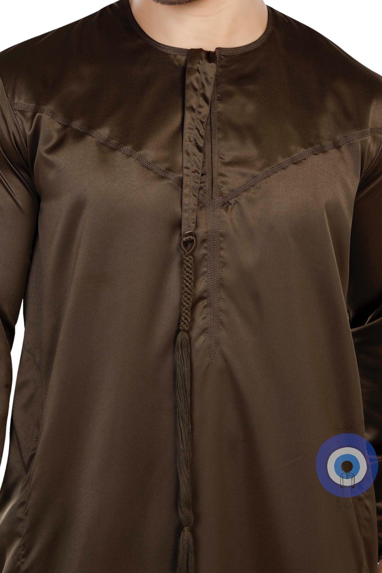 Indian Shiny Fabric Emirati Mens Omani Thobe - Full Sleeves - Mehndi Green - IIJABIA