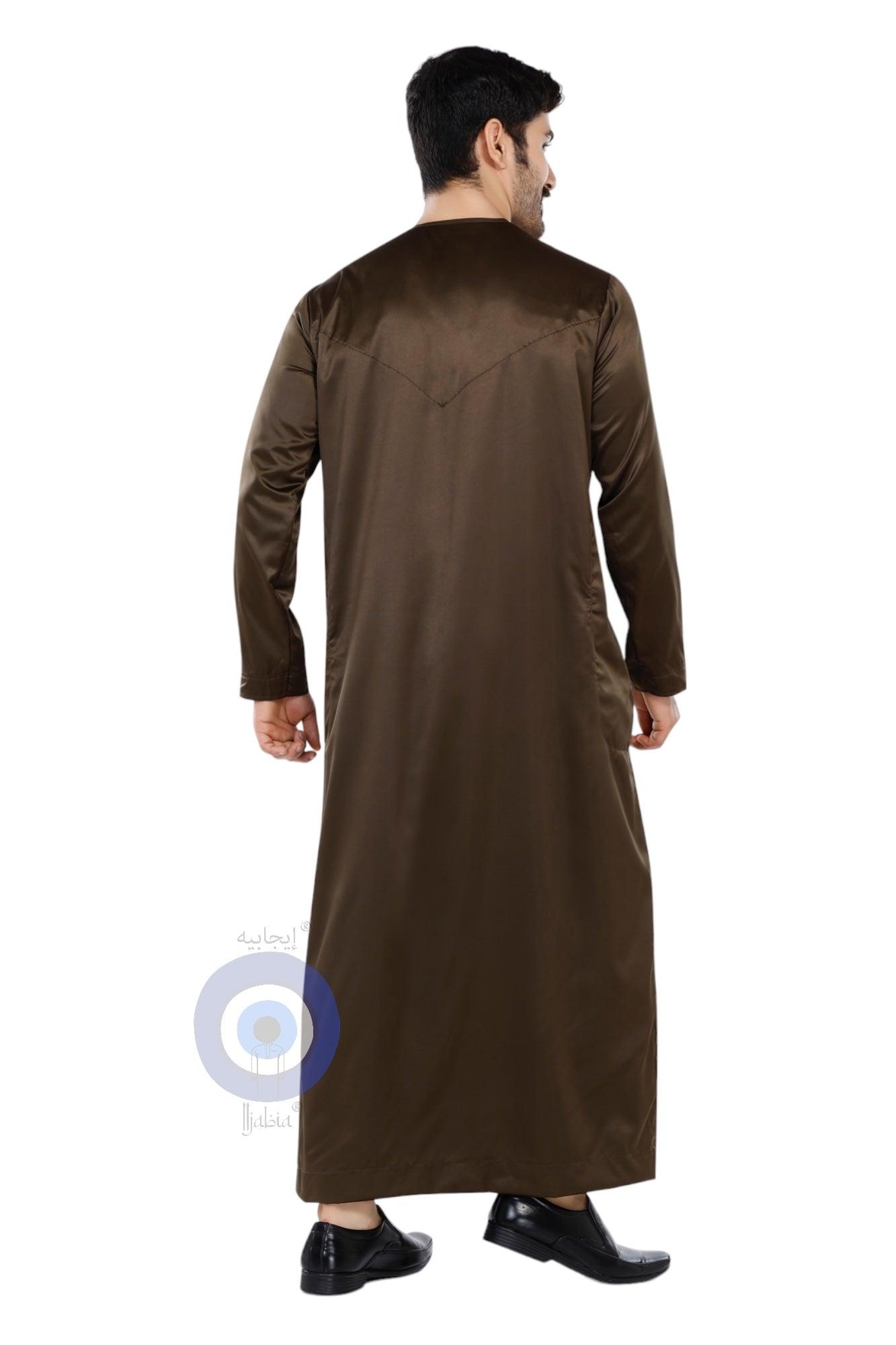 Indian Shiny Fabric Emirati Mens Omani Thobe - Full Sleeves - Mehndi Green - IIJABIA