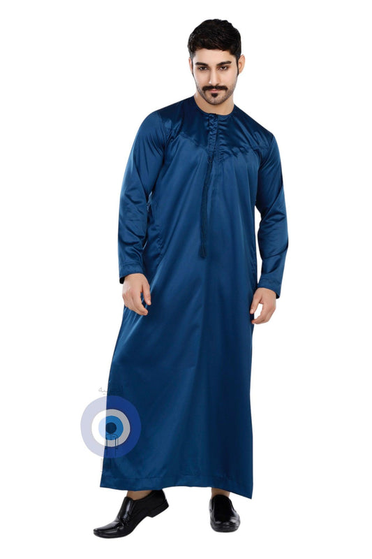 Indian Shiny Fabric Emirati Mens Omani Thobe - Full Sleeves - Navy Blue - IIJABIA