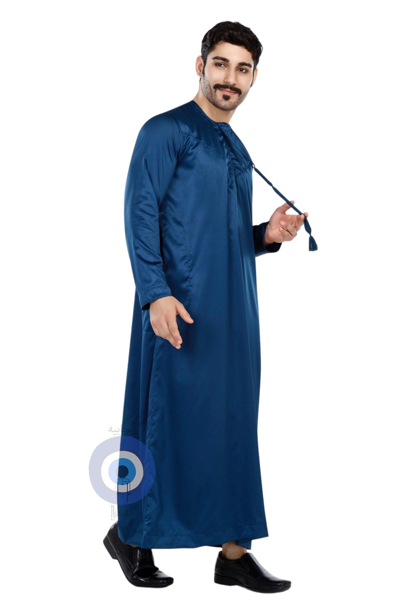 Indian Shiny Fabric Emirati Mens Omani Thobe - Full Sleeves - Navy Blue - IIJABIA