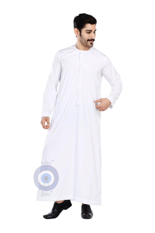 Indian Shiny Fabric Emirati Mens Omani Thobe - Full Sleeves - White - IIJABIA