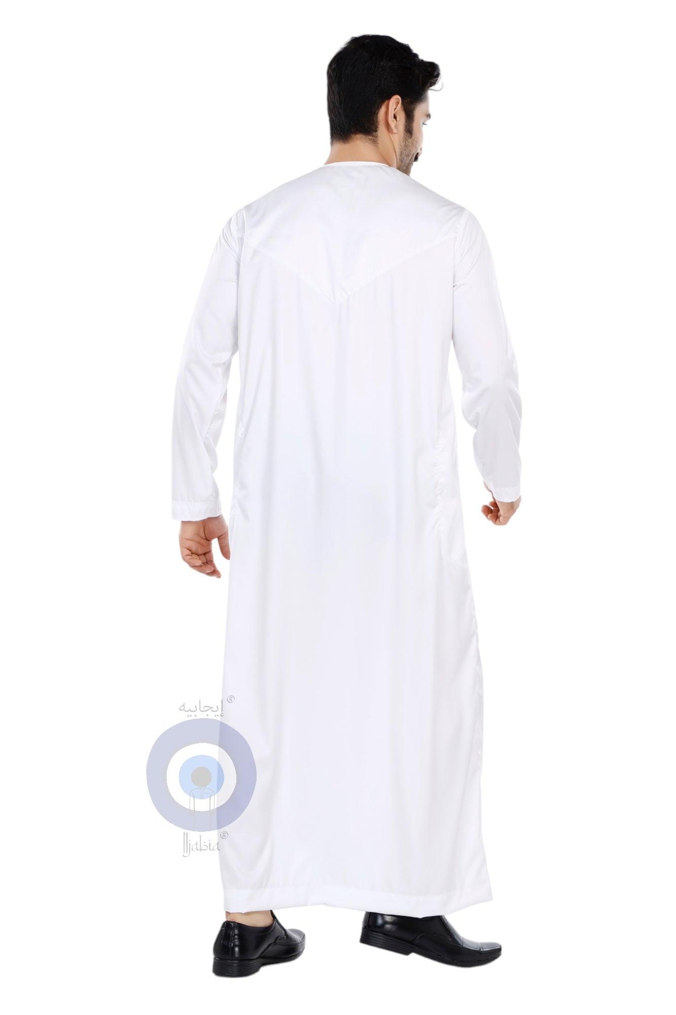 Indian Shiny Fabric Emirati Mens Omani Thobe - Full Sleeves - White - IIJABIA