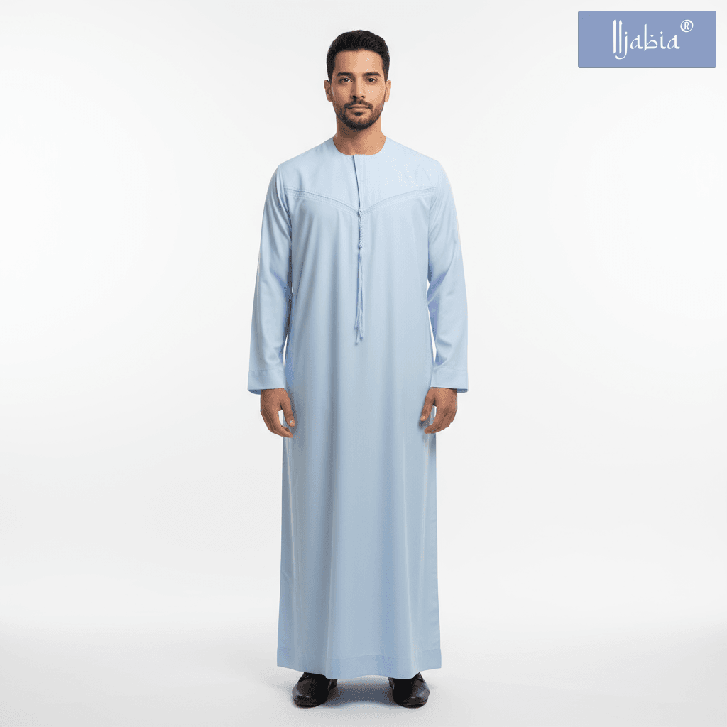 Emirati Mens Omani Thobe - (Embroidery Design 1) - Light Blue