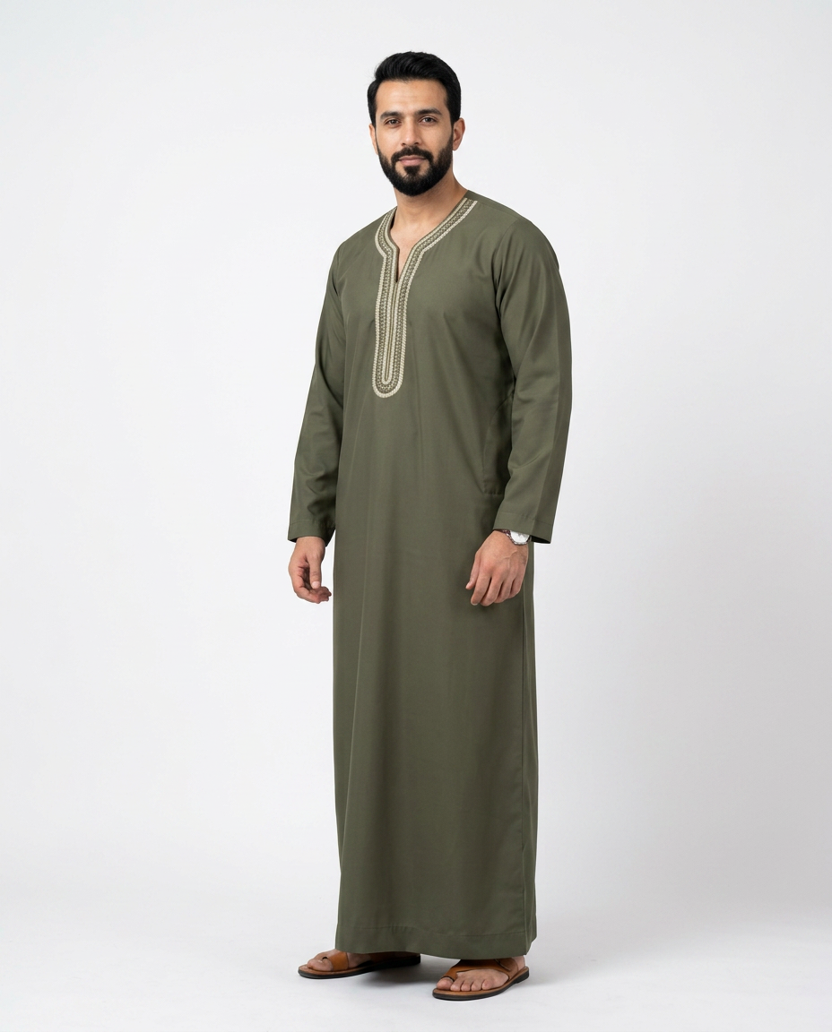 Moroccan Embroidery Mens Thobe - Full Sleeves - Olive Green