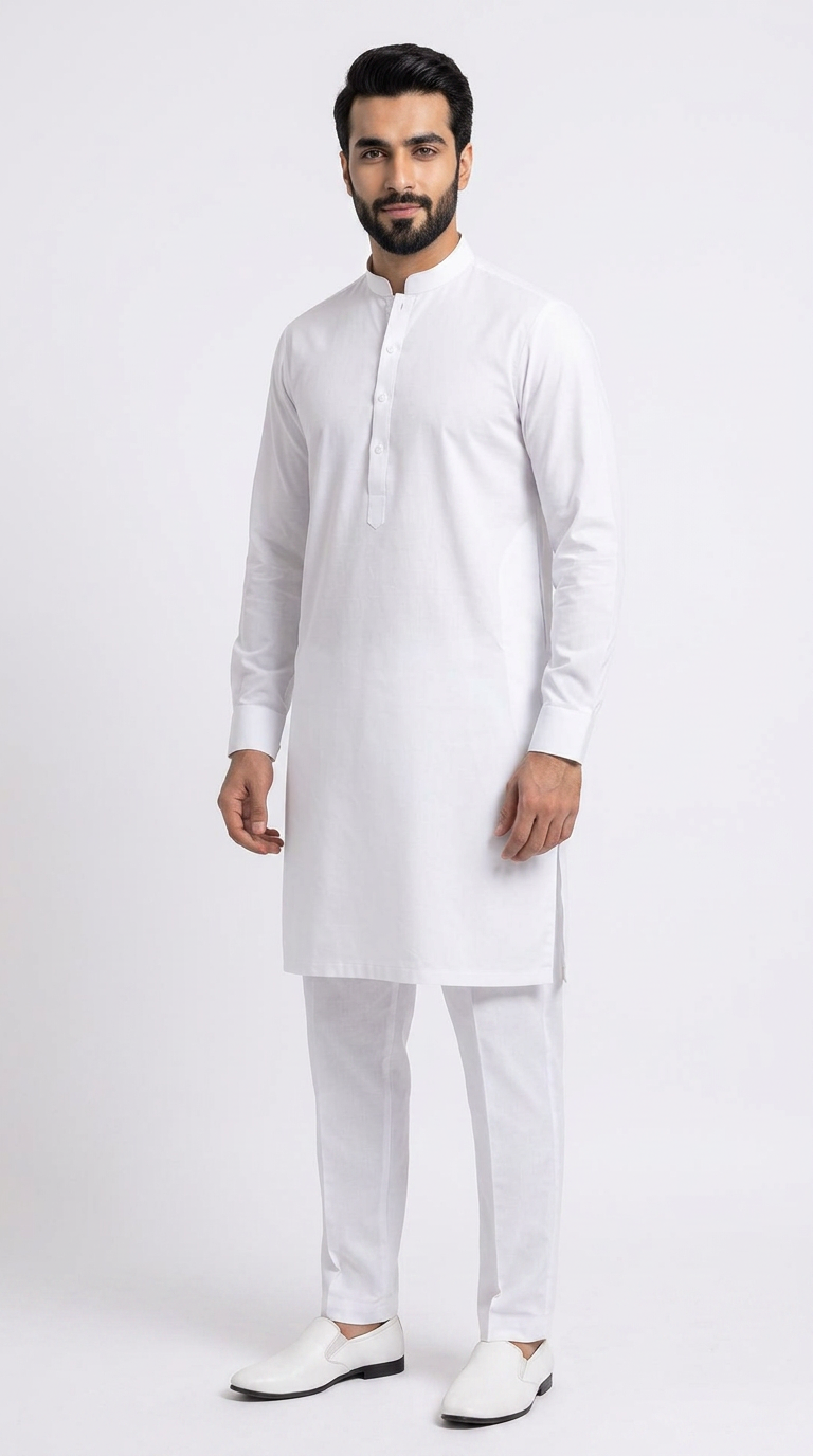 Mens White Kurta and Pyjama Set
