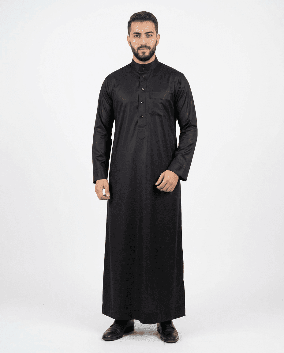 Imported Vietnam Shiny Fabric Mens Collar Thobe - Full Sleeves - Black