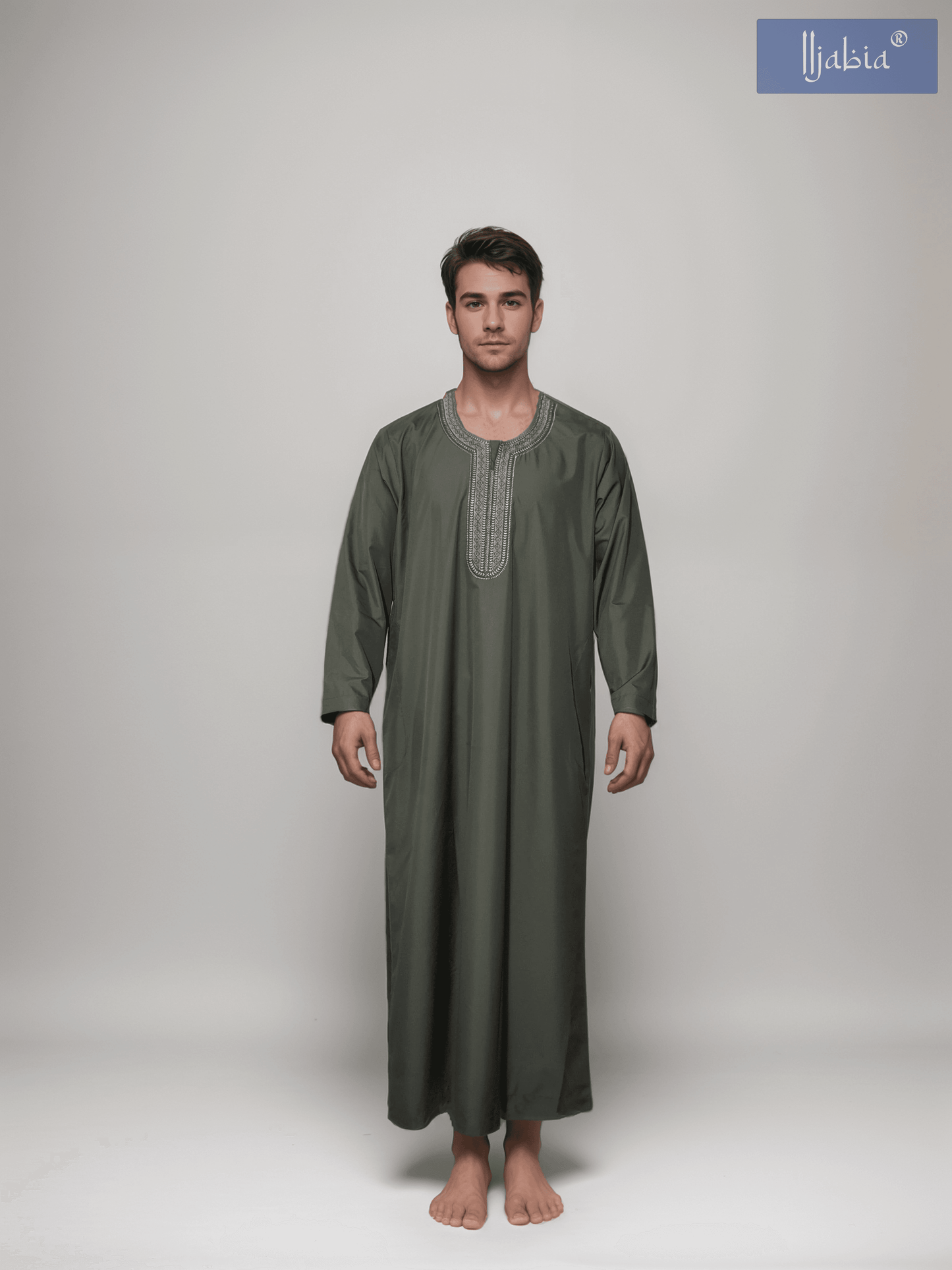 Moroccan Embroidery Mens Thobe - Full Sleeves - D3 - Military Green - IIJABIA