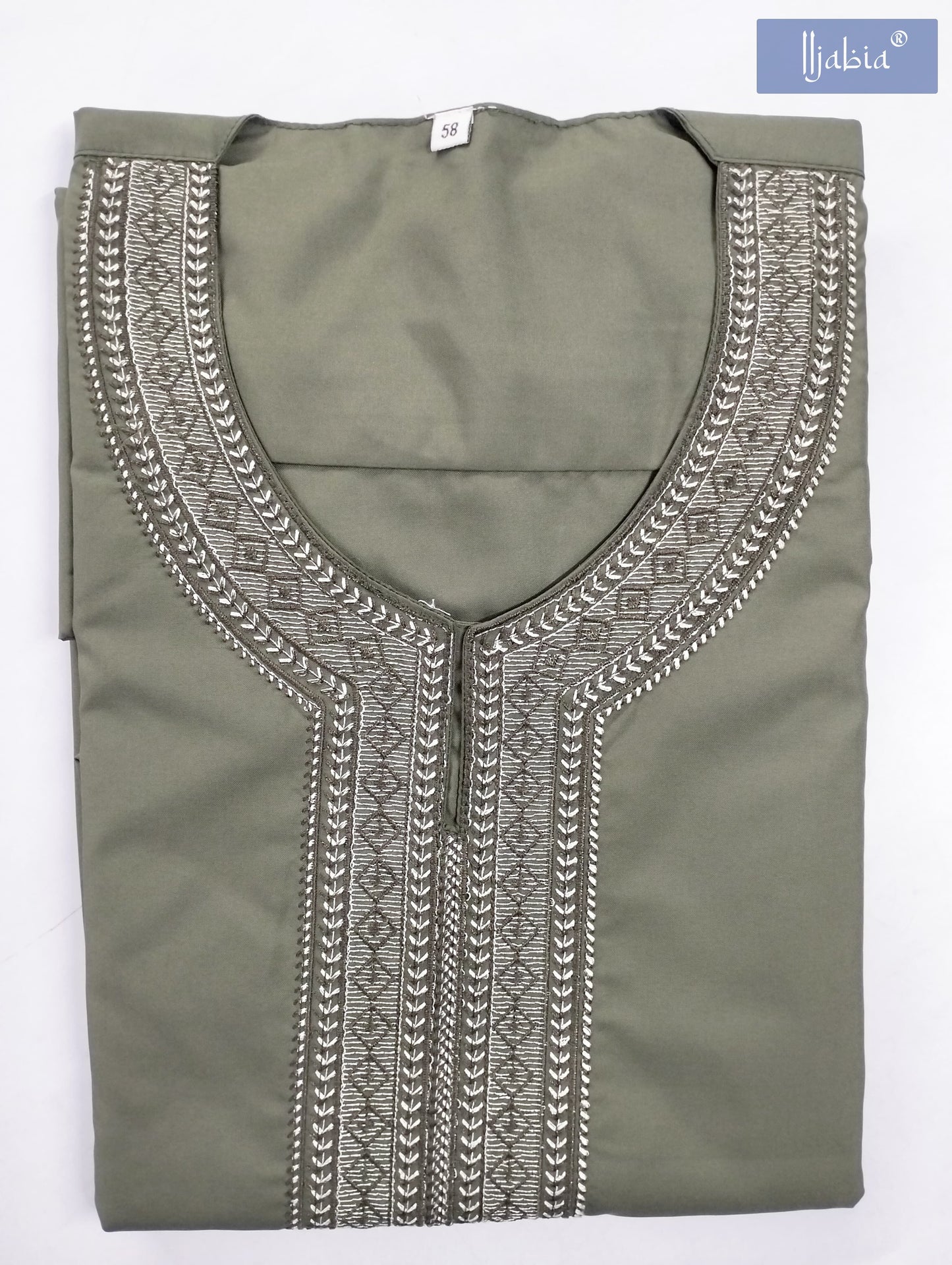 Moroccan Embroidery Mens Thobe - Full Sleeves - Military Green - IIJABIA
