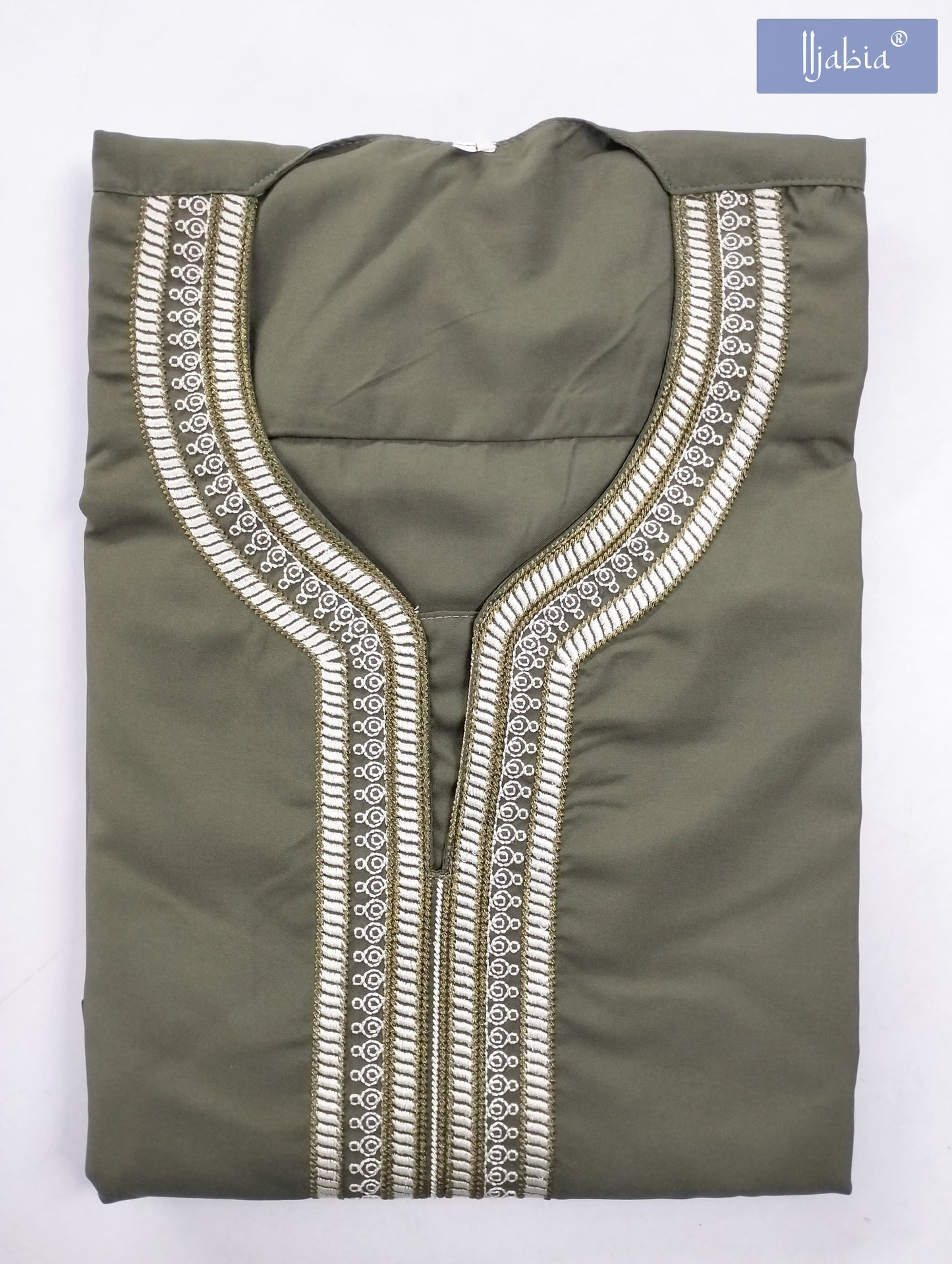 Moroccan Embroidery Mens Thobe - Full Sleeves - Olive Green - IIJABIA