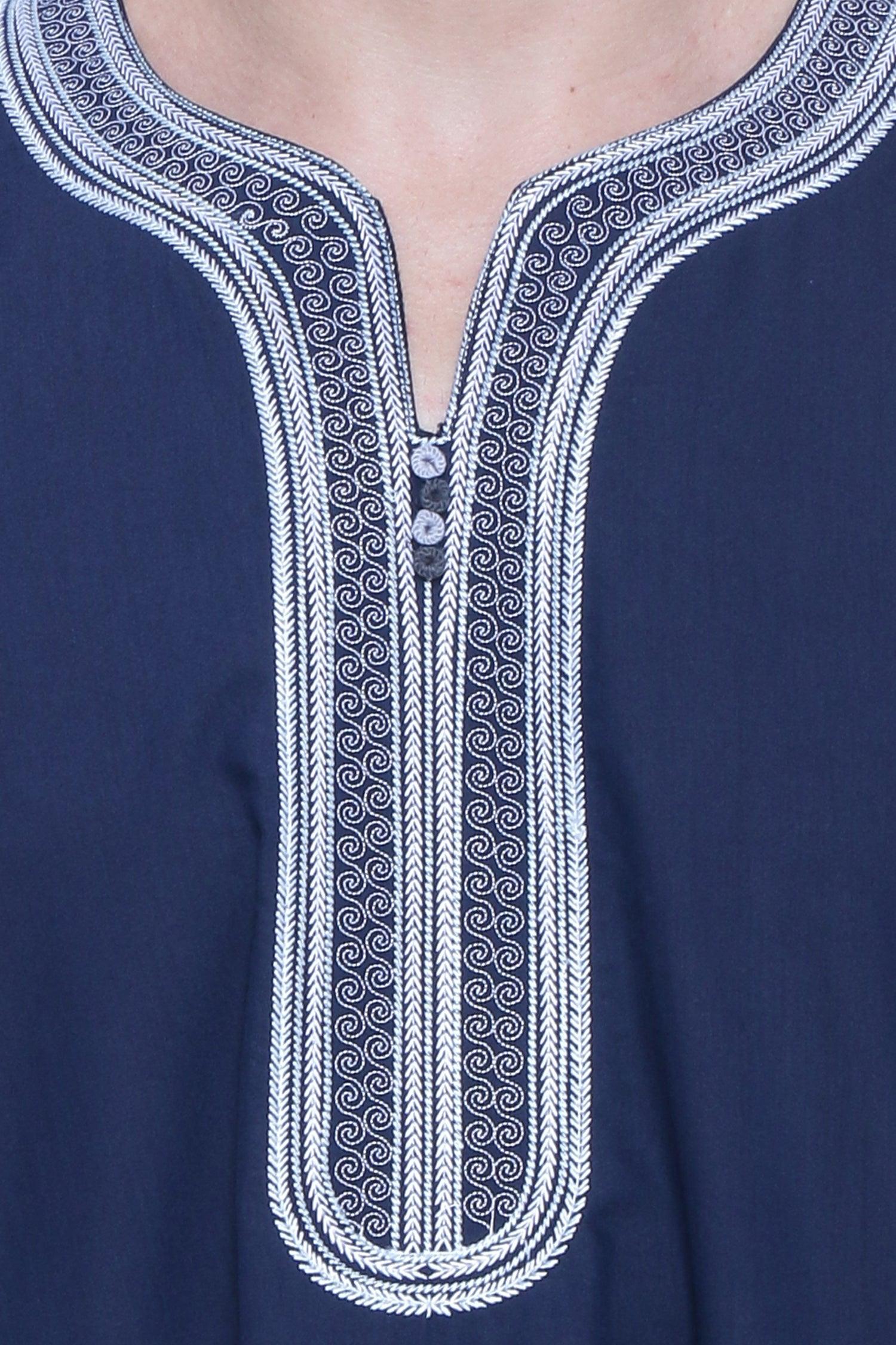 Moroccan Embroidery Mens Thobe - Half Sleeves - Navy Blue - IIJABIA
