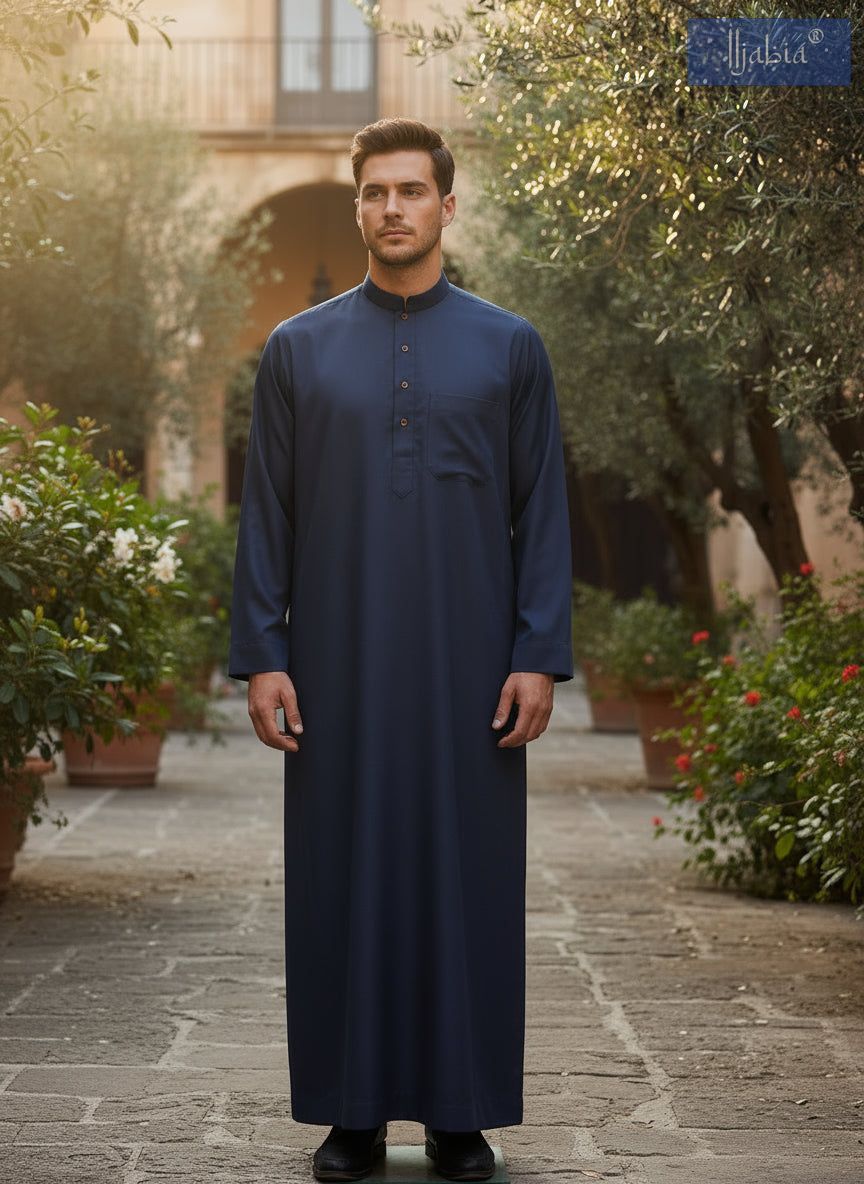 Saudi Collar Thobe - Premium TR Fabric - Navy Blue