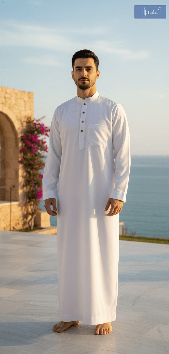 Saudi Collar Thobe - Premium TR Fabric - White