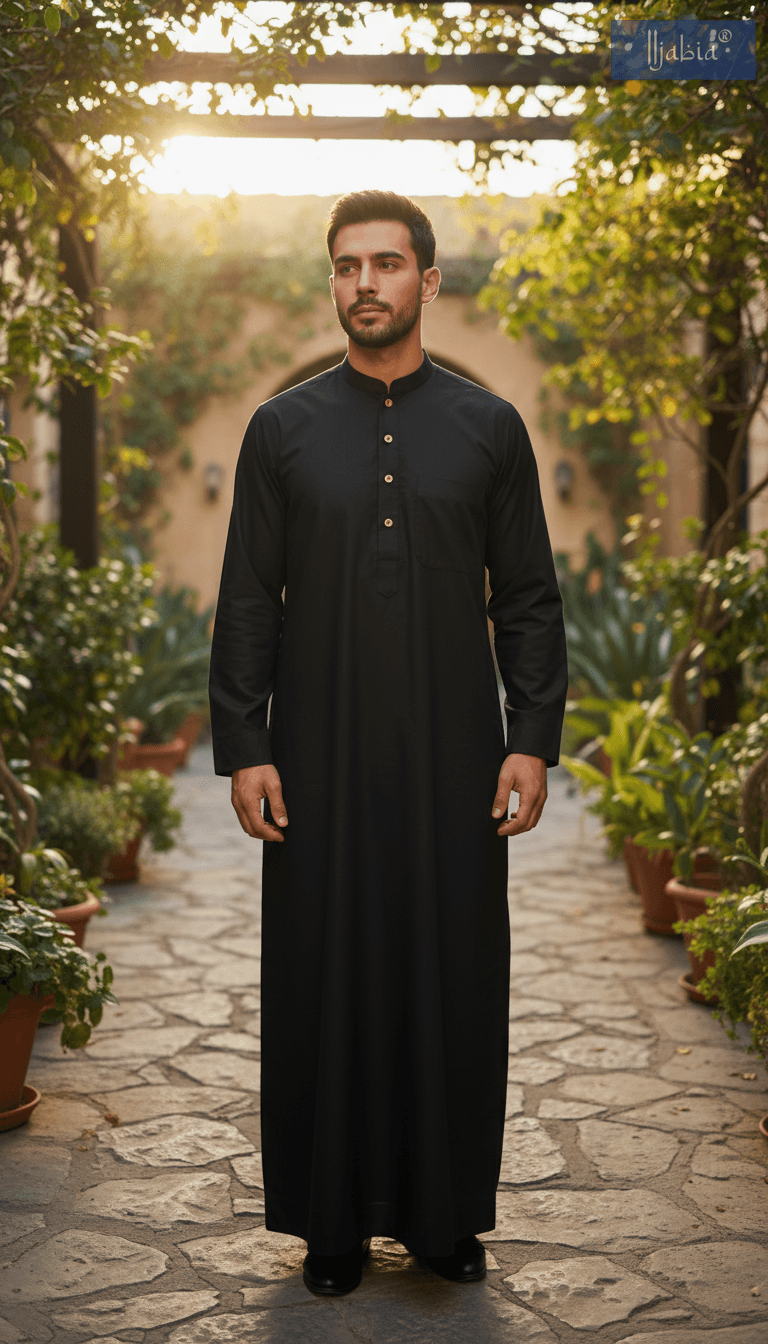 Saudi Collar Thobe - Premium TR Fabric - Black