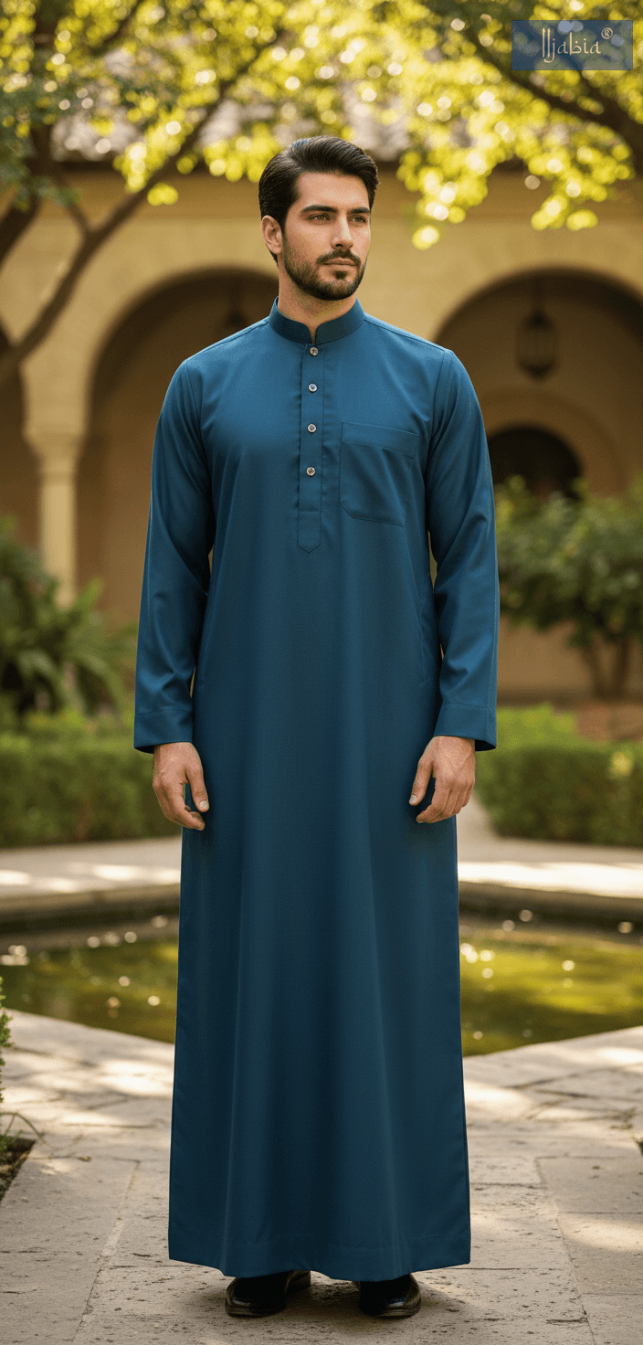 Saudi Collar Thobe - Premium TR Fabric - Peacock Blue