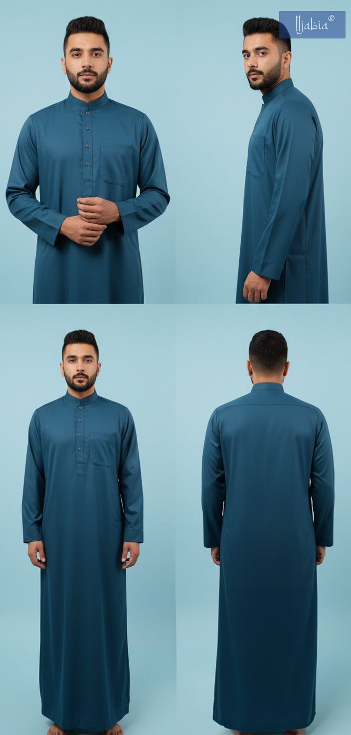 Saudi Collar Thobe - Premium TR Fabric - Peacock Blue