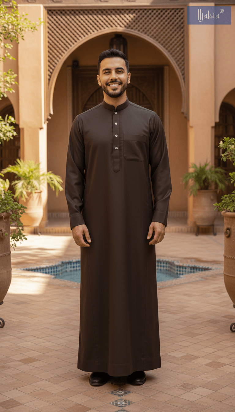 Saudi Collar Thobe - Premium TR Fabric - Brown