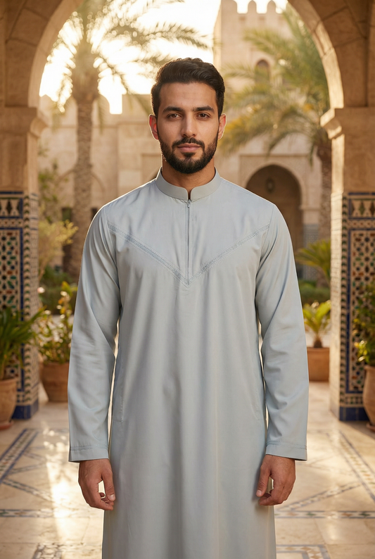 Mens Collar Omani Thobe - Full Sleeves - Light Grey