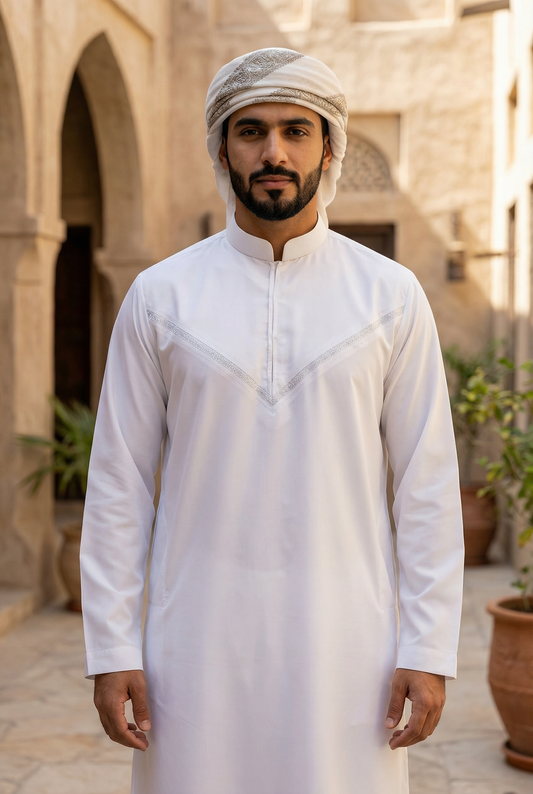 Mens Collar Omani Thobe - Full Sleeves - White