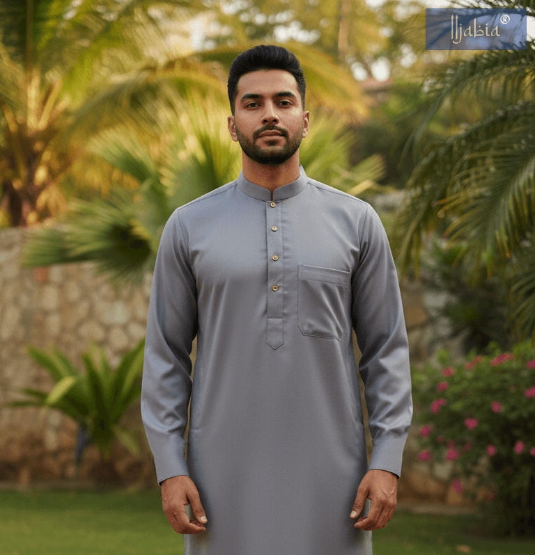 Saudi Collar Thobe - Premium TR Fabric - Grey