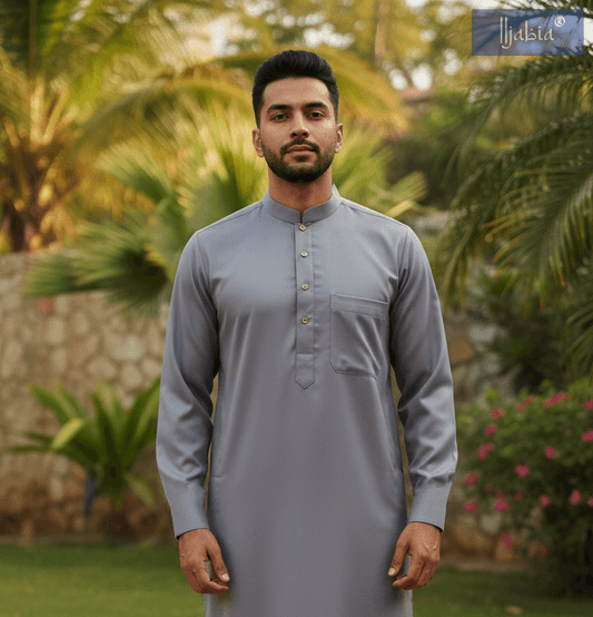 Saudi Collar Thobe - Premium TR Fabric - Grey