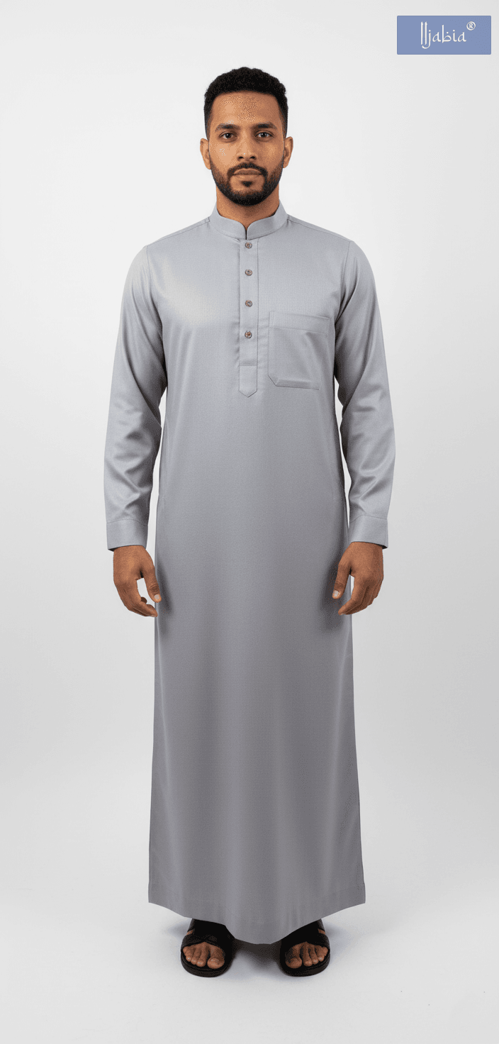 Saudi Collar Thobe - Premium TR Fabric - Grey